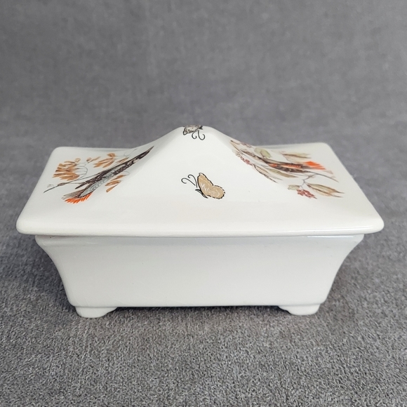 Vtg Bird Trinket Box Lid Container Studio Art Transfer 70s Raised Foot - Picture 2 of 7